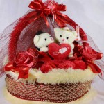 Special Red Decorated Heart Plush Cake Cushion with Love Couple Teddy Bears